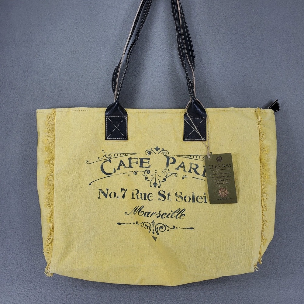 New‎ Clea Ray Recycled Product Canvas Handbag Cafe Paris Marseille Tote Yellow